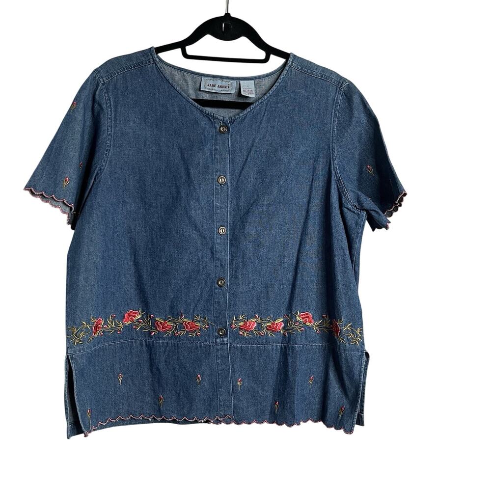 Jane Ashley Woman Button Up Chambray Top Shirt Embroidered Floral Large